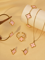 1 Set Stainless Steel Clover Jewellery Set Necklace Bracelet Ring Earrings Simple Fashion Matching Set 3